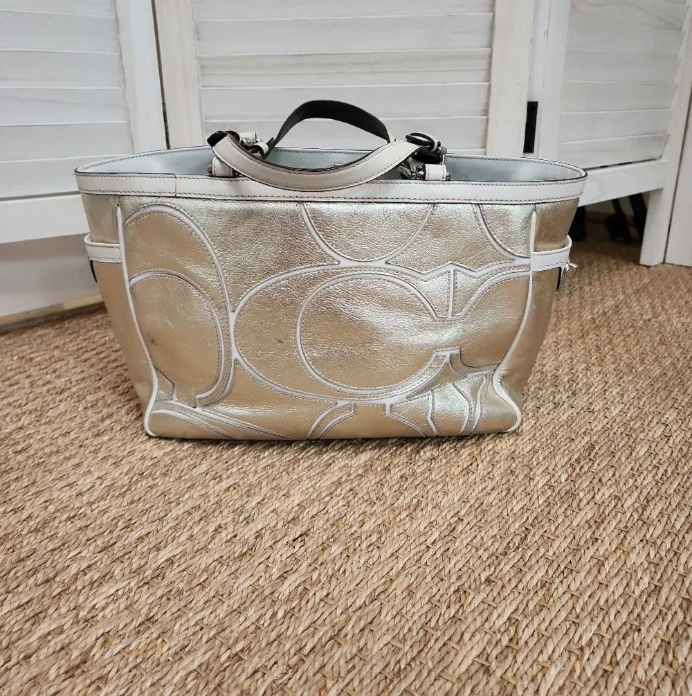 Coach Silver Embossed Tote Bag with Stud Detail